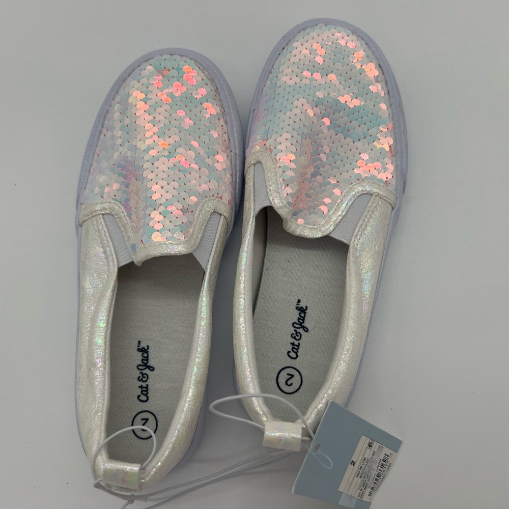 Cat & Jack Flip Sequin Shoes Sneakers Girls Aliki White Shiny Slip On - Picture 5 of 6